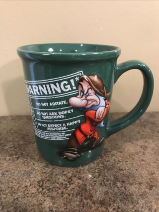 Disney Store Grumpy Coffee Mug Large Cup Dwarf Grumpy,  Green,  Warning,  Rare,  Euc