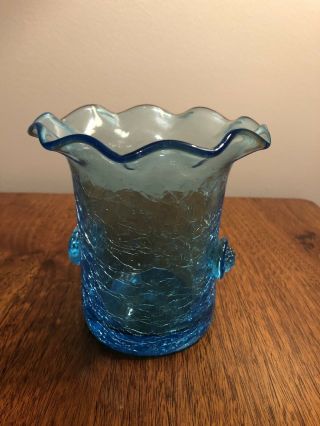 Vintage Blenko Blue Crackle Glass Hand Blown Vase 5” Rare