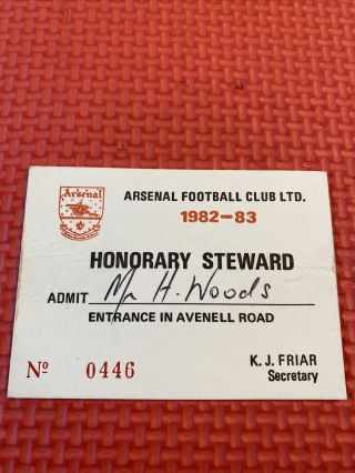 Arsenal - Rare - Highbury Stewards Season Ticket Pass 1982/83