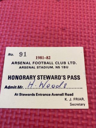 Arsenal - Rare - Highbury Stewards Season Ticket Pass 1981/82