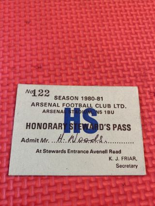 Arsenal - Rare - Highbury Stewards Season Ticket Pass 1980/81