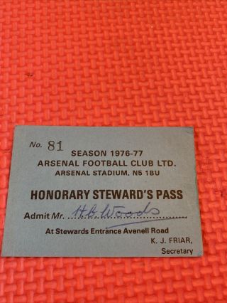 Arsenal - Rare - Highbury Stewards Season Ticket Pass 1976/77