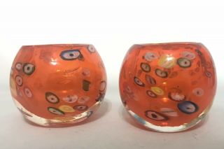 Rare Orange Millefiori Art Glass Candle Holders Vintage Set Of 2