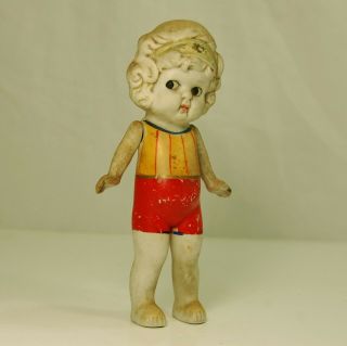 Rare Antique All Bisque Japan Doll Jointed Arms Hand Painted 8 " Bathing Suit,  S