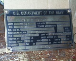Rare Find M151a1 Brass Vin Plate,  Navy Jeep,  1/4 Ton,  1967,  Ford Motor Co.