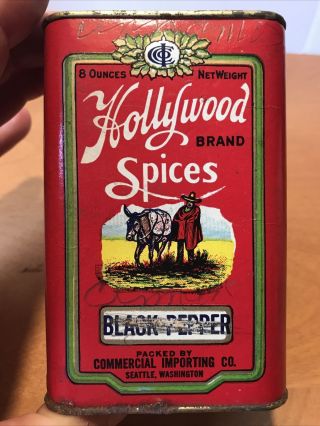 Rare Vintage Black Pepper Hollywood Spice 8 Oz Tin And Cardboard