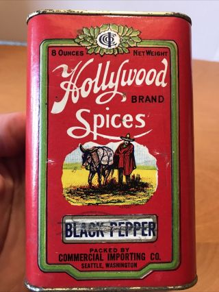 RARE Vintage Black Pepper Hollywood Spice 8 Oz Tin And Cardboard 3