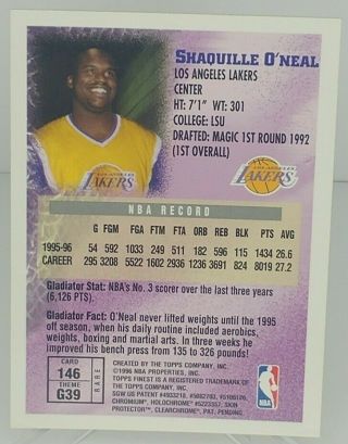 SHAQUILLE O ' NEAL 1996 - 97 Topps Finest GOLD RARE 146 (MAGIC LAKERS HEAT) LOOK 2