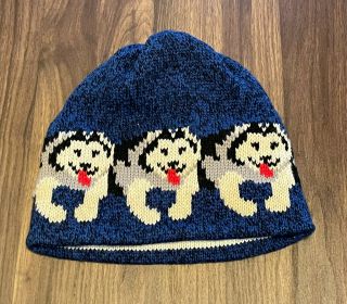 Rare Vtg Ll Bean Wool Blend Knit Intarsia Husky Hat Winter Beanie Pom Dogs Usa