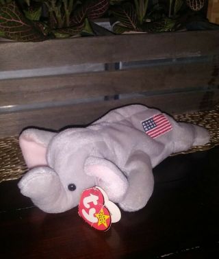 Ty Rare And Retired Beanie Baby Righty Elephant Born July 4,  1996 Tag Error