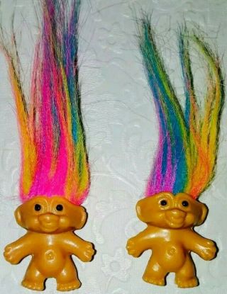 Set Of 2 Vintage Russ Troll Pencil Toppers W/ Rainbow Hair Rare To Find