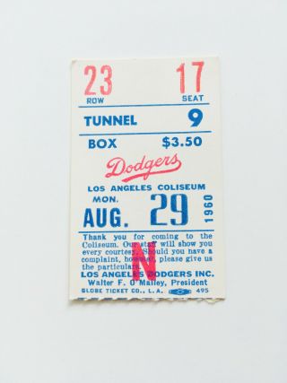 Authentic Rare Vintage 1960 Dodgers Baseball Game Ticket Stub La Coliseum 2