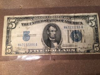 Rare 1934 A Five Dollar Silver Certificate.  Blue Seal