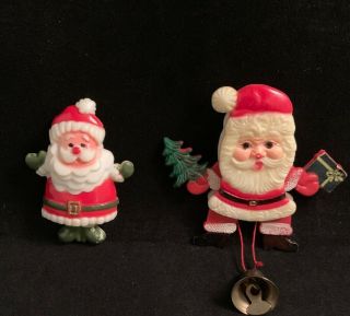 2 Rare Vintage Hong Kong Plastic Dancing Santa Claus Christmas Brooch Animated
