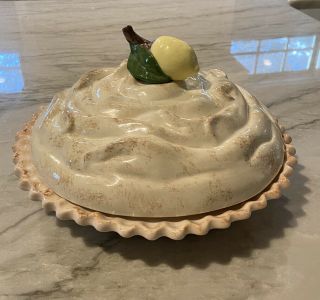 Ceramic Lemon Meringue Pie Keeper Plate Server Spongeware Lid Rare