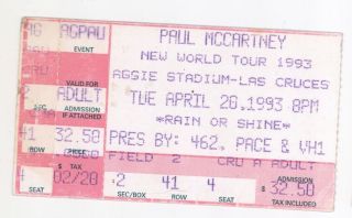 Rare Paul Mccartney 4/26/93 Las Cruces Nm Aggie Stadium Ticket Stub The Beatles