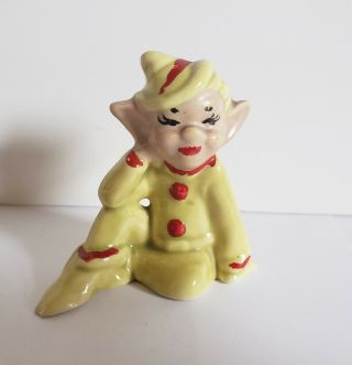 Vintage Christmas Elf Pixie Chartreuse Green With Red Trim Rare Ceramic Figurine