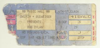Rare Bob Dylan & Wire Train 11/17/90 Cleveland Oh Music Hall Ticket Stub