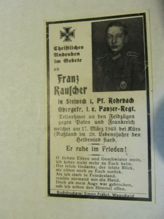 Rare Wwii German Death Card,  Decorated Soldier,  Panzer Regt,  Kia Kursk,  Rauscher