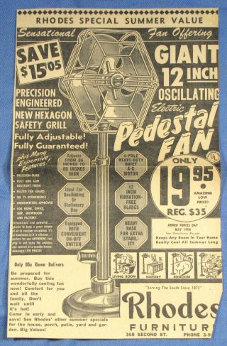 Rare 1956 Bob Irwin Electric Pedestal Fan Large Newspaper Print Ad
