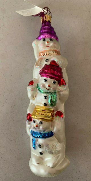 Rare Christopher Radko Stacked Snowman Christmas Ornament Blown Glass 1995