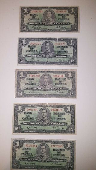 Bank Of Canada 1937 - 5 - $1 Rare Canadian Bank Note 1 Note For $15 Each