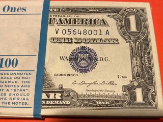 Two (2) Ea.  Very Rare $1 Silver Certificates 1957 B Gem Uncirculated In Sequence