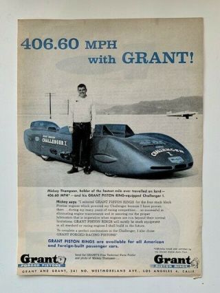 Rare Vintage Ad - 1960 Grant Piston Rings Mickey Thompson Challenger I Car