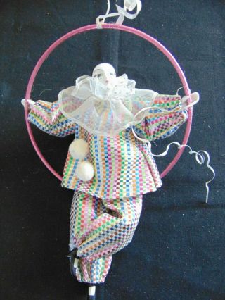 Rare Vintage Mardi Gras 9 " Porcelain Jester Doll On 6.  5 " Trapeze Swing