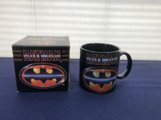 Vintage Dc Comics 1989 Batman Logo Black Coffee Mug Cup By Applause - Rare Htf
