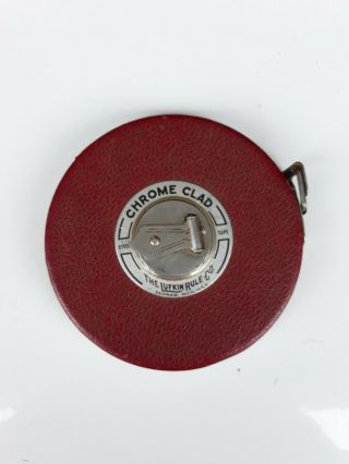 Vintage Lufkin Steel 100ft Tape Measure.  Lufkin Rule Co.  Chrome Clad.  Rare Red.