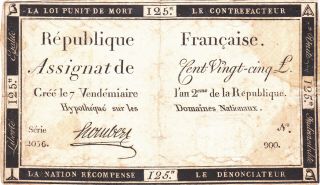 125 Livres Vg Note From French Revolution 1793 Pick - A74 Rare