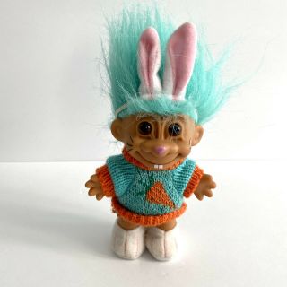 Vintage 4 " Russ Troll Doll Easter Bunny Outfit Blue Hair W/ Carrot Sweater Rare