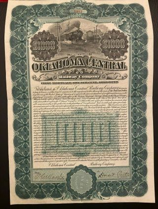 1905 Oklahoma Central Railway $1000 Bond Certificate Rare Territory Of Oklahama