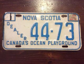 Rare 1976 Nova Scotia Dealer License Plate 44 - 73 4 Digit Blue & White