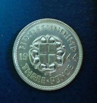 1944 King George Vi Silver Threepence,  Very Rare, .  500 Silver - Very