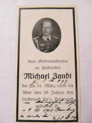 Very Rare & Unusual Wwii German Death Card,  Early 1940 Casualty,  Handwritten