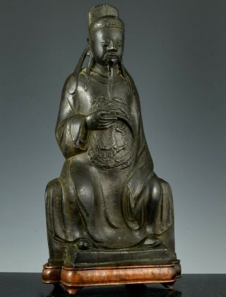Rare Large Chinese Ming Dynasty Bronze Scholar Immortal Figure W Burled Stand