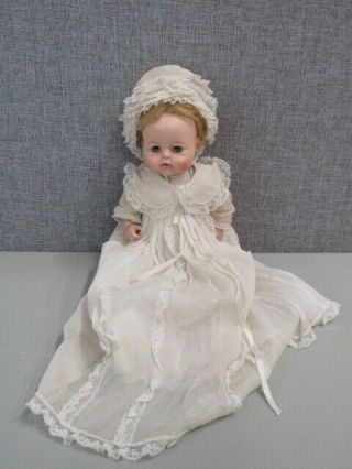 1965 Madame Alexander Baby Doll In White Christening Dress Bonnet Cross Pin