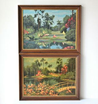 Pair (2) Vintage Framed Paint By Number Landscape Picture Pbn 12 X 16