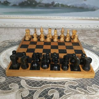 Very Rare Vintage Wooden Soviet Chess Of The,  Wooden Chess With A Board,  Russian