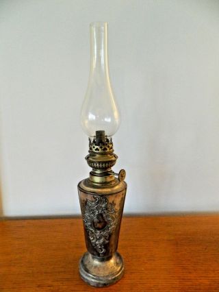 Lovely Silver Plate Art Deco Oil Lamp With Glass Chimney
