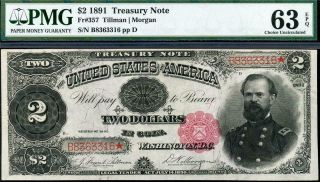 Hgr Saturday 1891 $2 Treasury Note Gen Mcpherson ( (rare))  Pmg Choice Unc 63epq