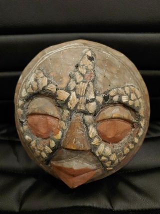 Vintage Hand Carved Wood African Mask - Made In Ghana With Sea Shells