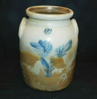 Antique Salt Glaze Stoneware Crock,  Blue Floral,  1.  5 Gal.  No Lid,  Cond