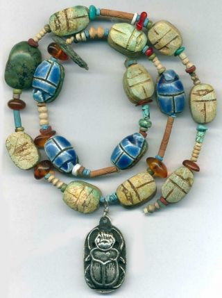 Beads Egyptian Scarab Beads Turquoise Red Coral Clay Tubes 20 " Long Vintage