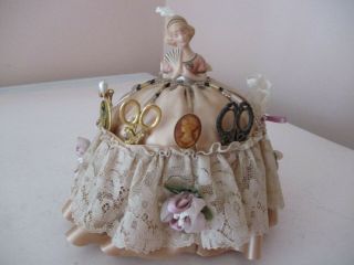 Vintage Porcelain Doll With Hat Pins,  Scissors,  Etc In Her Dress