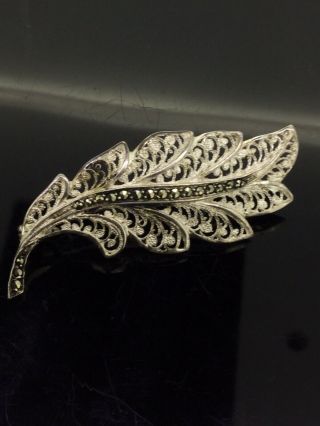 Antique Silver Brooch Pin Pierced Work Leaf Marcasite 925 Circa1920s