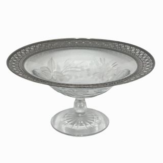 Antique Etched Glass Candy Dish Pedestal Bowl With Ornate Sterling Silver Trim
