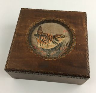 Vintage Wooden Decorated Desk Top Box / Trinket Box With Woven Bird Picture